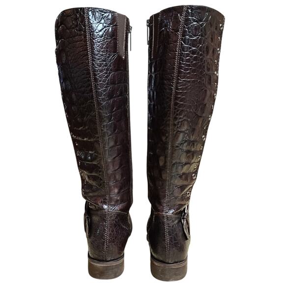 Donald J Pliner Brown Suede & Croc Leather Side Zip Buckle Stud Tall Boots 9 1/2 - Picture 3 of 6